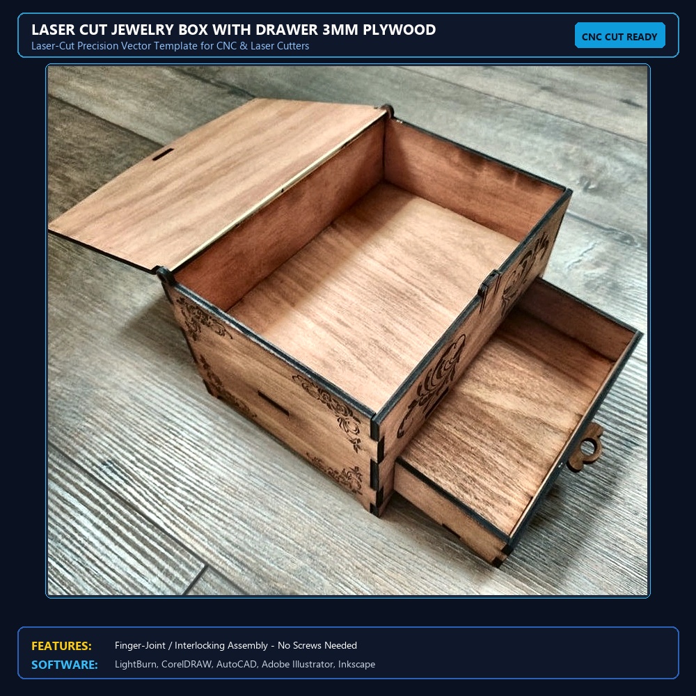 Laser Cut Jewelry Box With Drawer 3mm Plywood SVG File Free Download - 3axis.co View 4