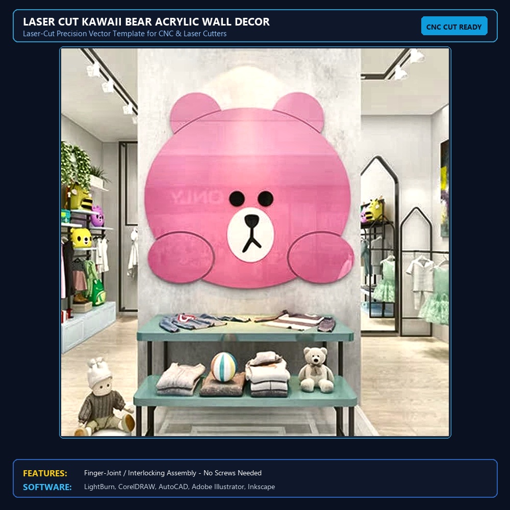 Laser Cut Kawaii Bear Acrylic Wall Decor View 3