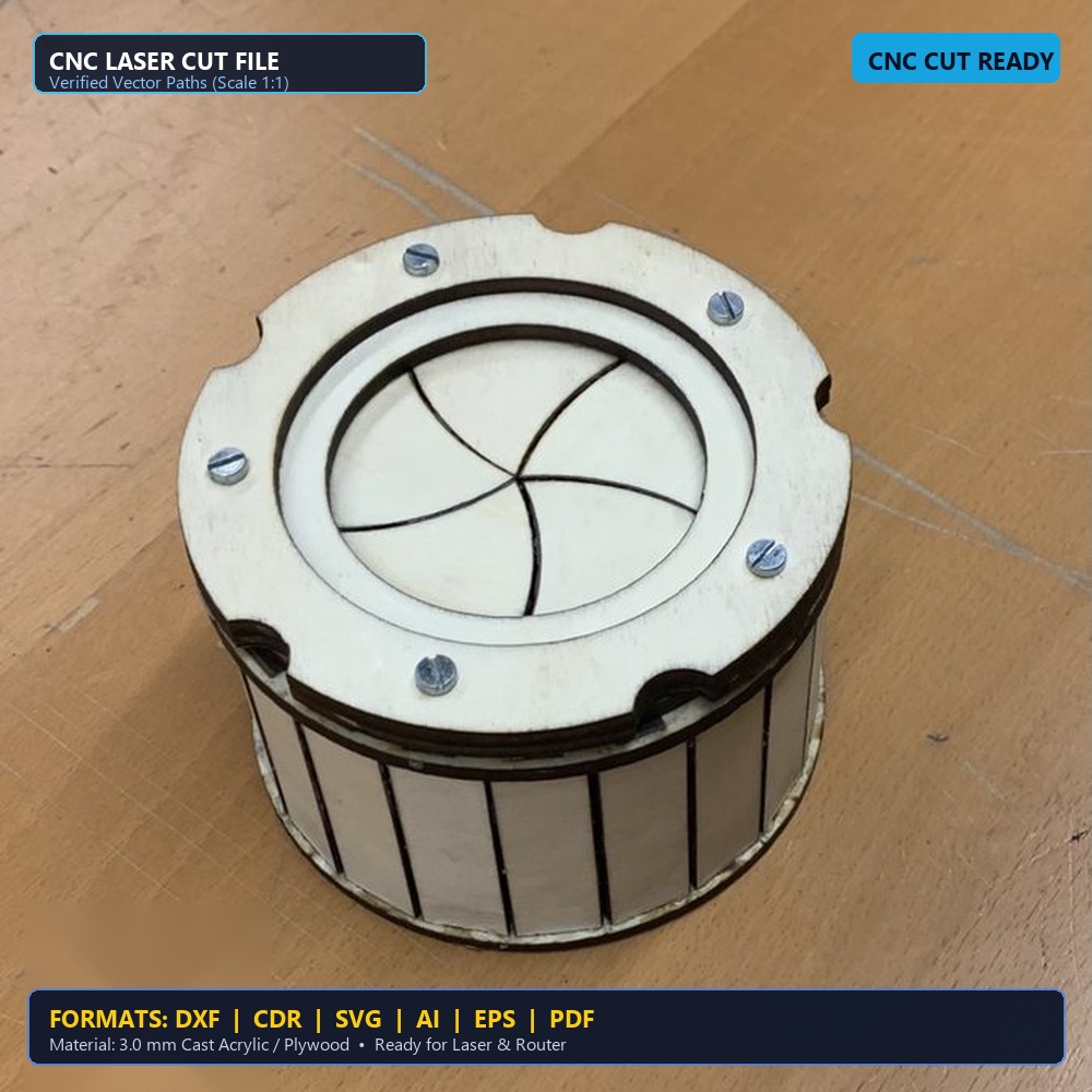 Laser Cut Mechanical Aperture Iris Box - DXF, CDR, SVG