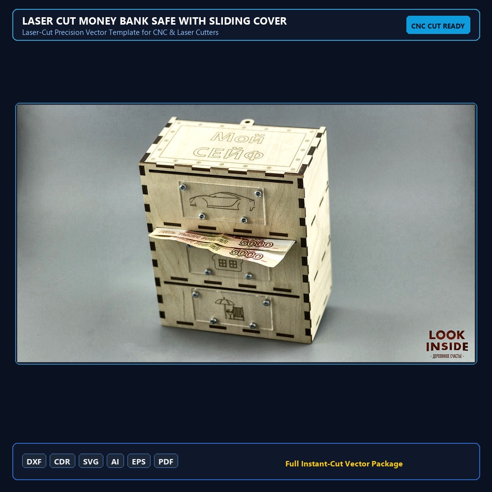 Laser Cut Money Bank Safe with Sliding Cover