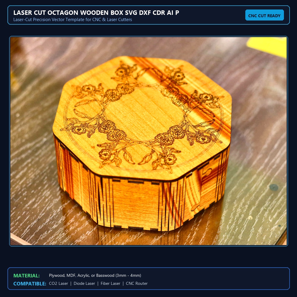 Laser Cut Octagon Wooden Box SVG DXF CDR AI PDF Free Download - 3axis.co View 2