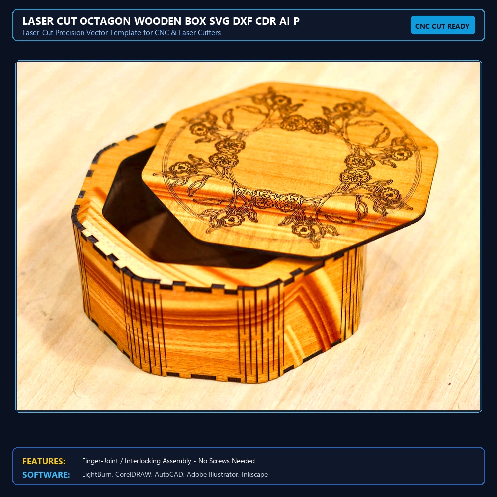 Laser Cut Octagon Wooden Box SVG DXF CDR AI PDF Free Download - 3axis.co View 4