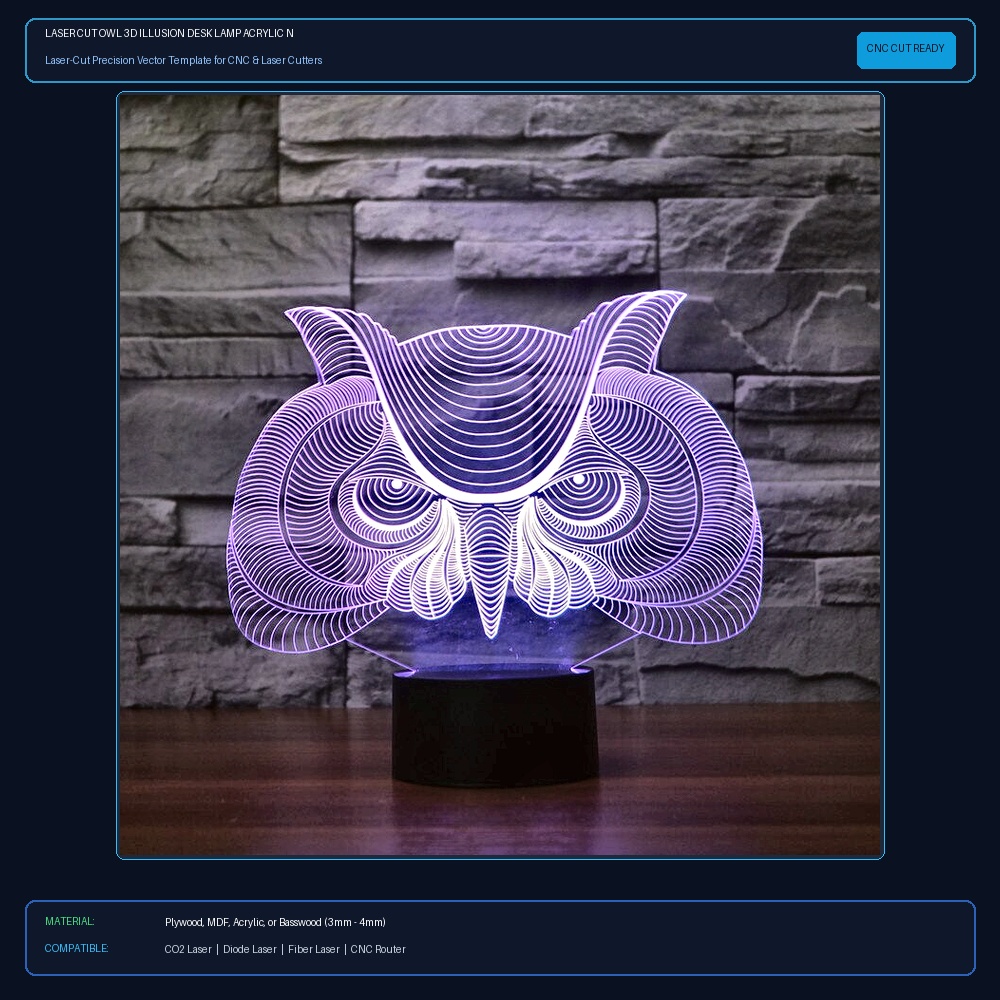 Laser Cut Owl 3D Illusion Desk Lamp Acrylic Night Light View 2