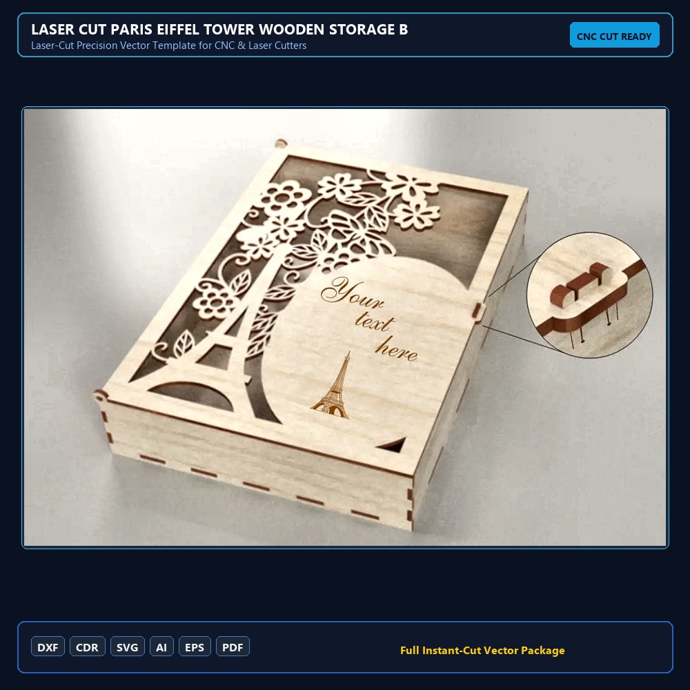 Laser Cut Paris Eiffel Tower Wooden Storage Box