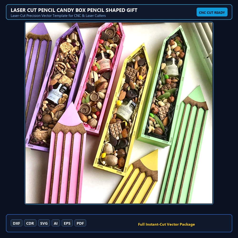 Laser Cut Pencil Candy Box Pencil Shaped Gift Box DXF File Free Download - 3axis.co