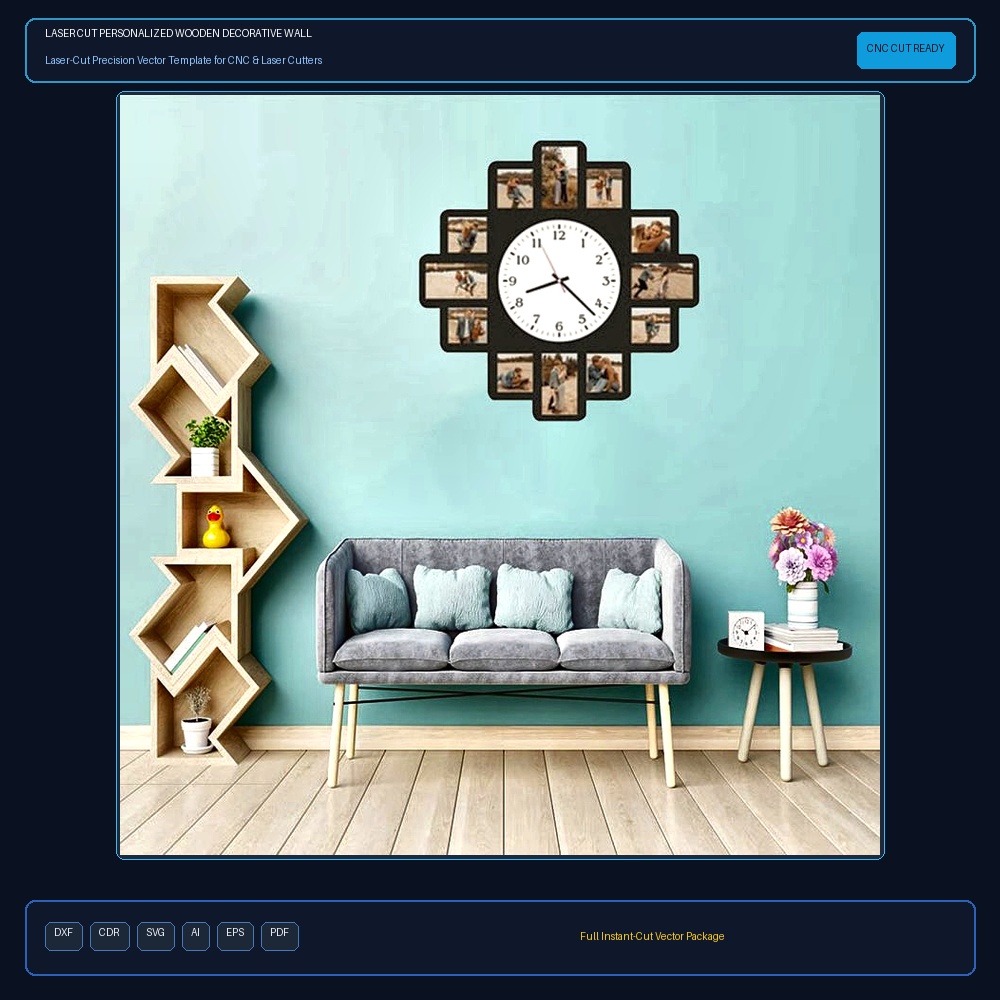 Laser Cut Personalized Wooden Decorative Wall Clock with 12 Photos