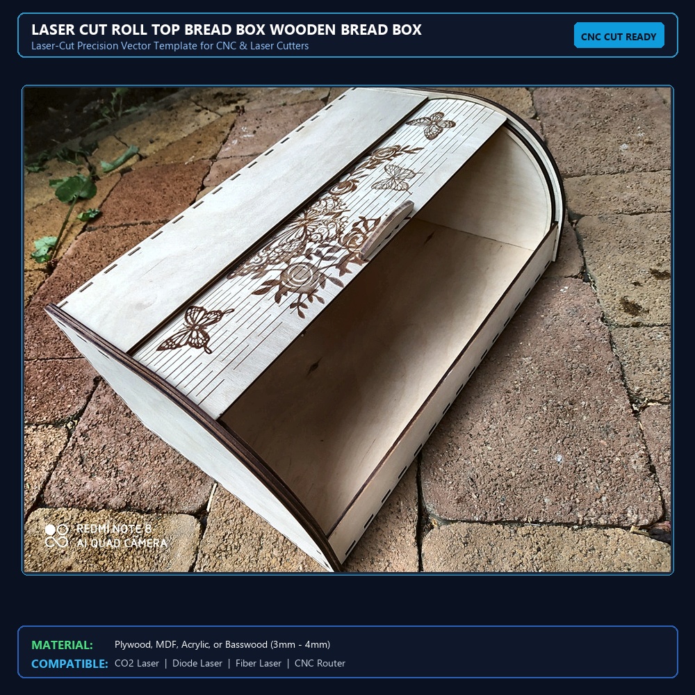 Laser Cut Roll Top Bread Box Wooden Bread Box With Sliding Door 4mm View 2