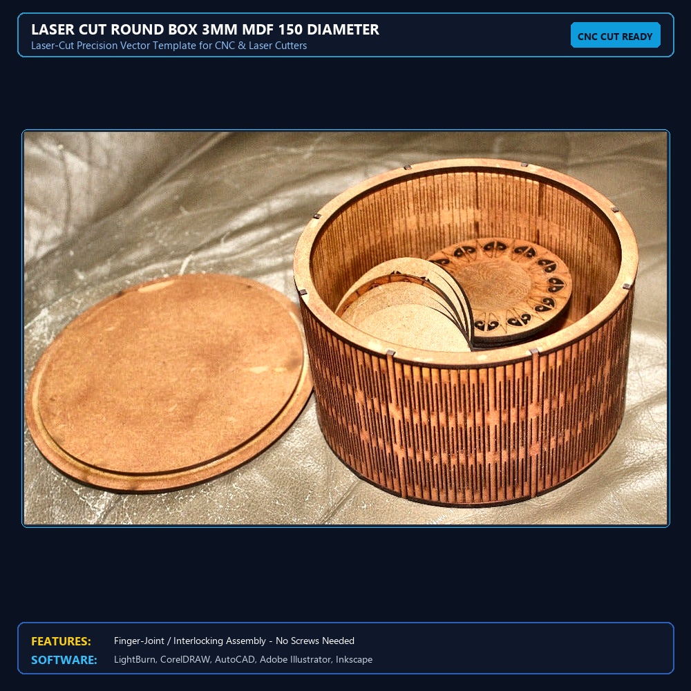 Laser Cut Round Box 3mm MDF 150 Diameter View 3
