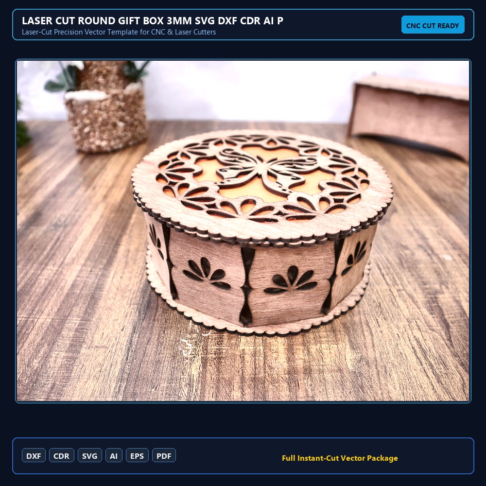 Laser Cut Round Gift Box 3mm SVG DXF CDR AI PDF Free Download - 3axis.co