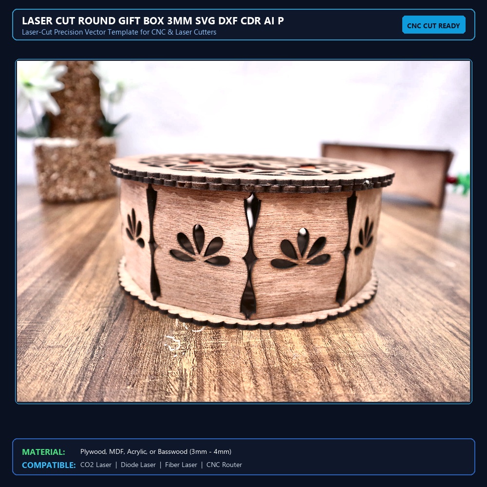 Laser Cut Round Gift Box 3mm SVG DXF CDR AI PDF Free Download - 3axis.co View 2
