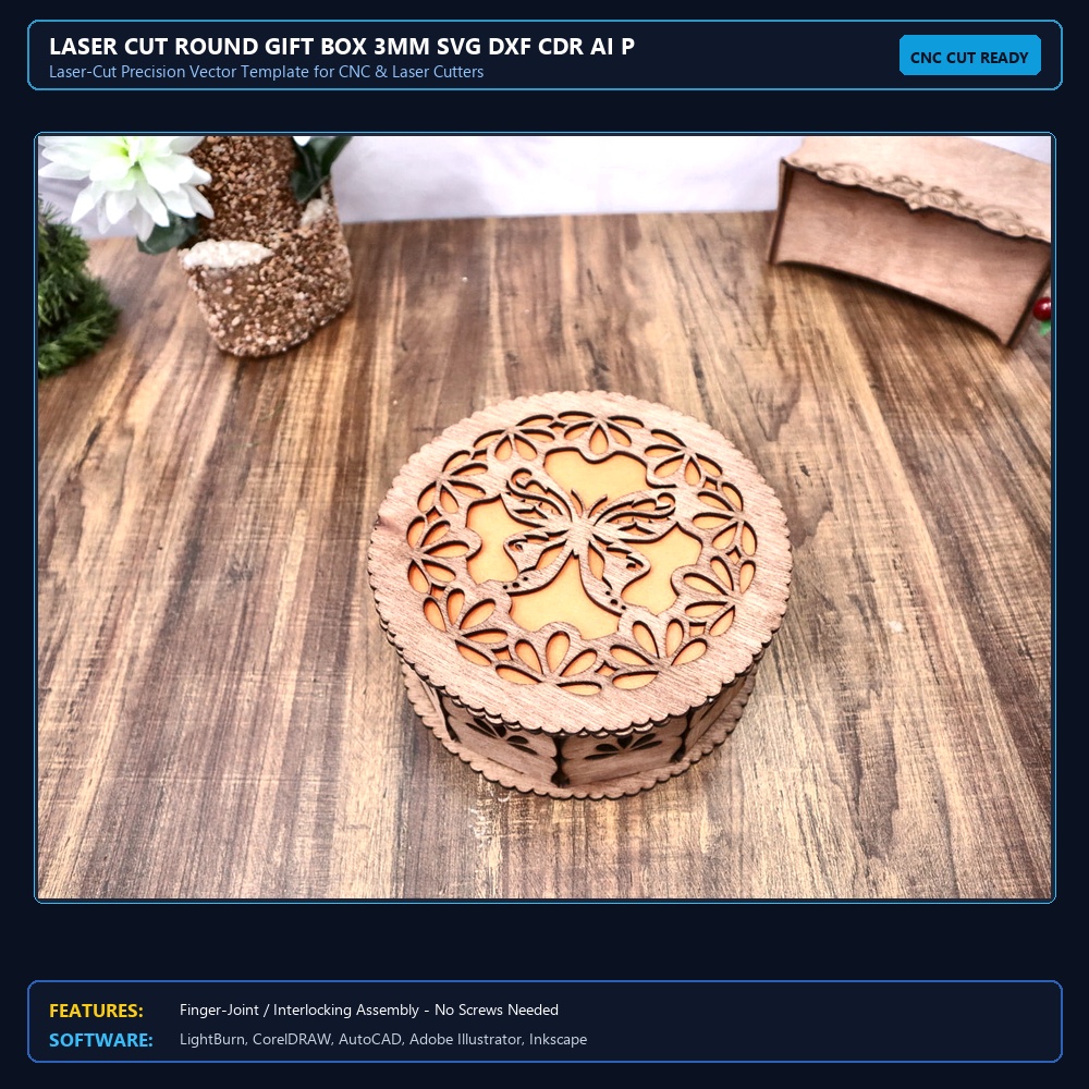 Laser Cut Round Gift Box 3mm SVG DXF CDR AI PDF Free Download - 3axis.co View 3