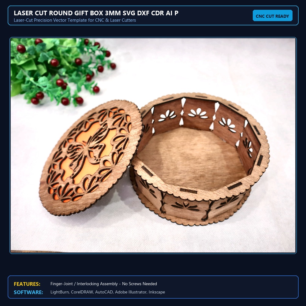 Laser Cut Round Gift Box 3mm SVG DXF CDR AI PDF Free Download - 3axis.co View 4