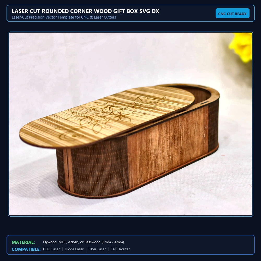 Laser Cut Rounded Corner Wood Gift Box SVG DXF CDR AI PDF Free Download - 3axis.co View 2