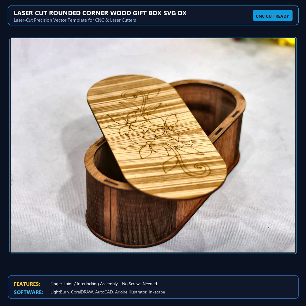 Laser Cut Rounded Corner Wood Gift Box SVG DXF CDR AI PDF Free Download - 3axis.co View 3