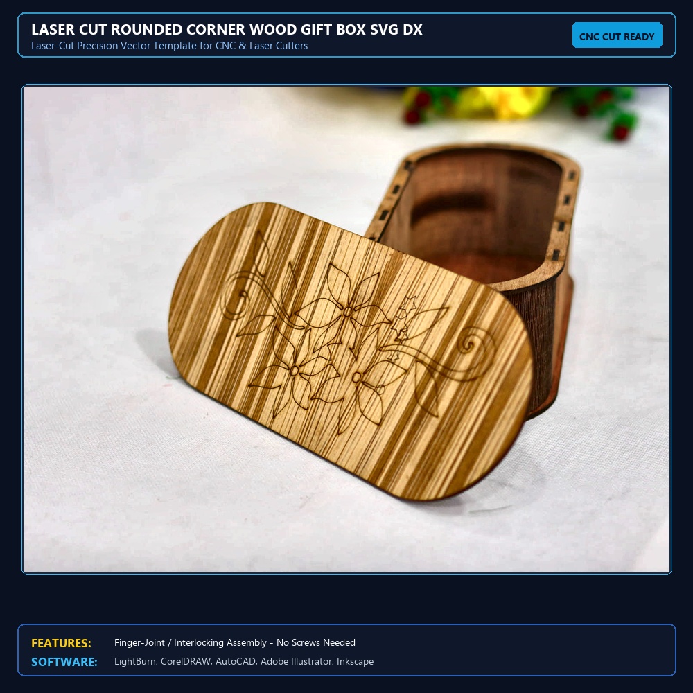 Laser Cut Rounded Corner Wood Gift Box SVG DXF CDR AI PDF Free Download - 3axis.co View 4