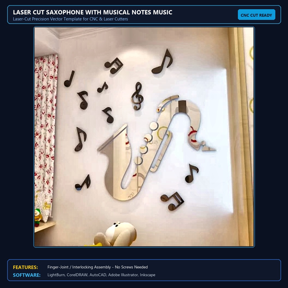Laser Cut Saxophone With Musical Notes Music Classroom 3D Wall Decor View 3