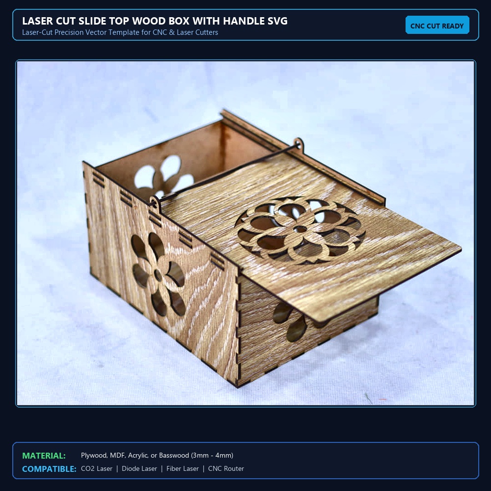 Laser Cut Slide Top Wood Box With Handle SVG DXF CDR AI PDF Free Download - 3axis.co View 2