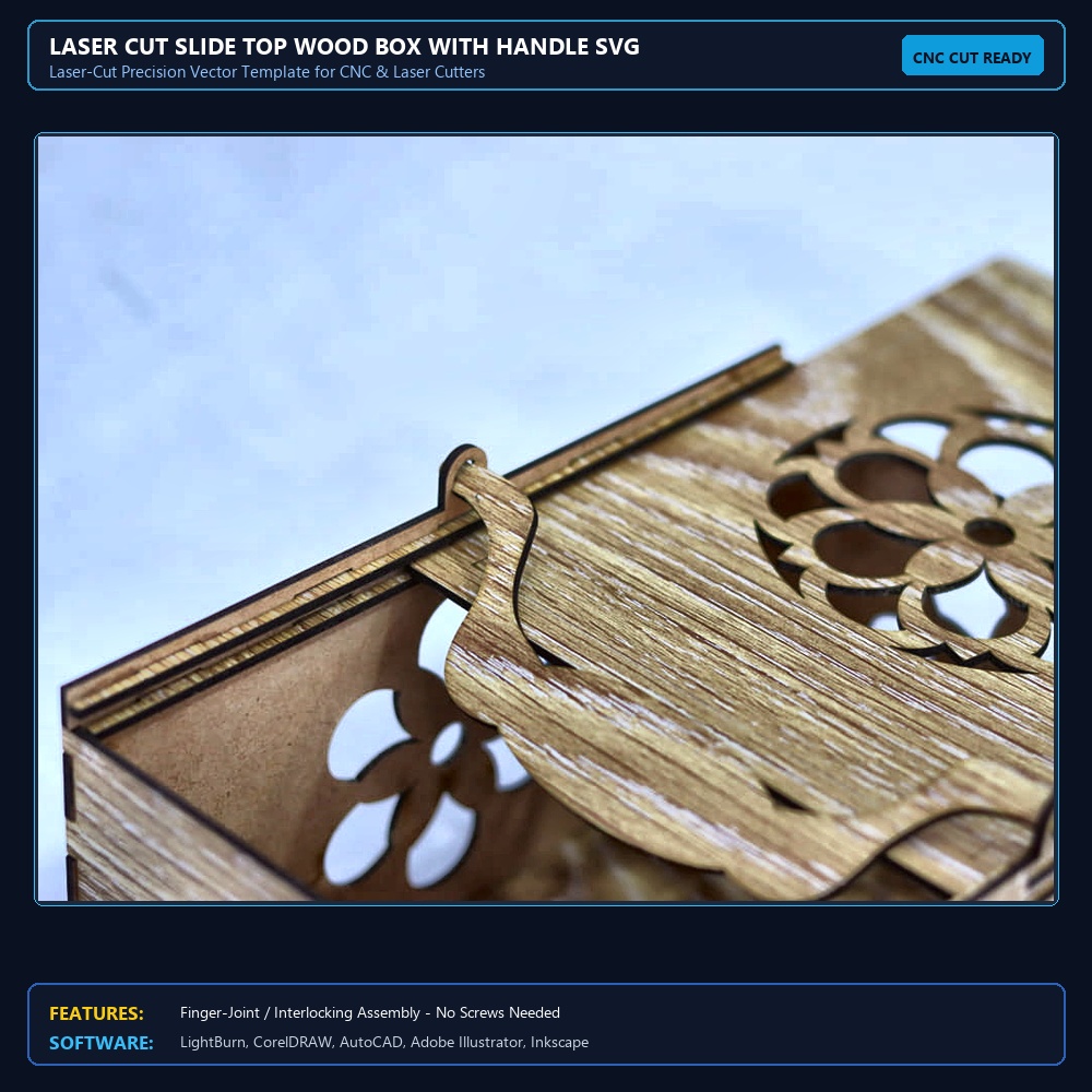 Laser Cut Slide Top Wood Box With Handle SVG DXF CDR AI PDF Free Download - 3axis.co View 4