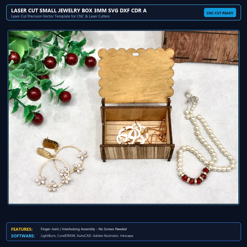 Laser Cut Small Jewelry Box 3mm SVG DXF CDR AI PDF Free Download - 3axis.co View 4