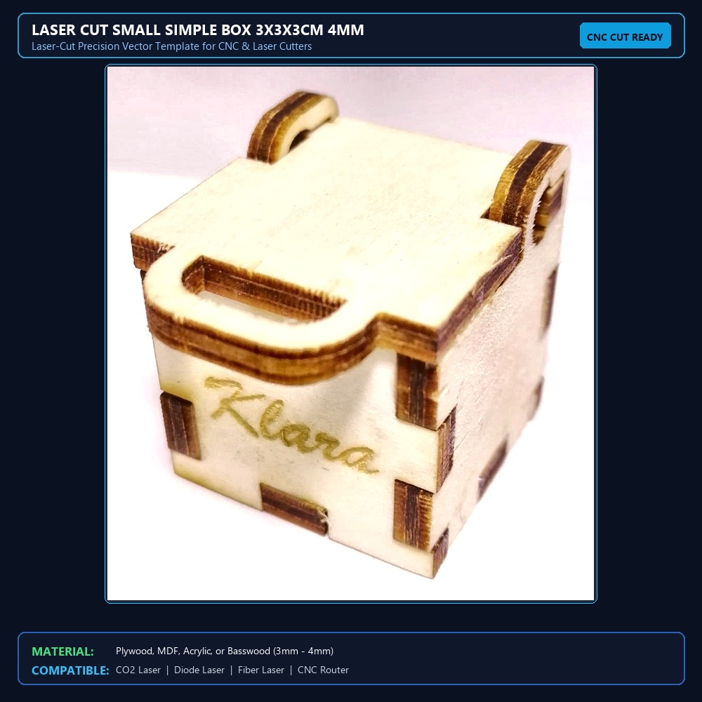 Laser Cut Small Simple Box 3x3x3cm 4mm View 2