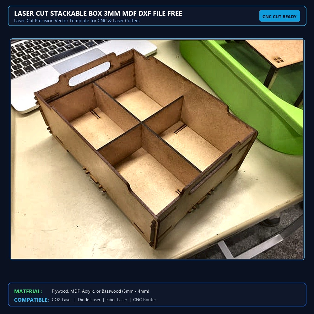Laser Cut Stackable Box 3mm MDF DXF File Free Download - 3axis.co View 2