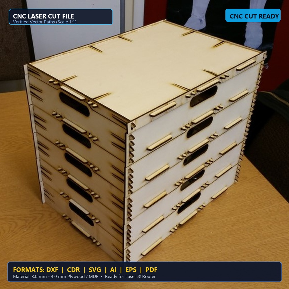 Laser Cut Stackable Modular Wooden Storage Bins - DXF, CDR, SVG