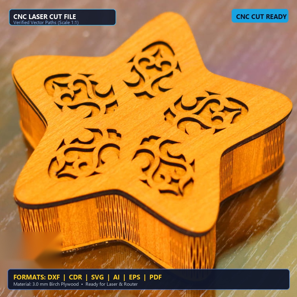 Laser Cut 5-Point Star Shape Wooden Gift Box - DXF, CDR, SVG