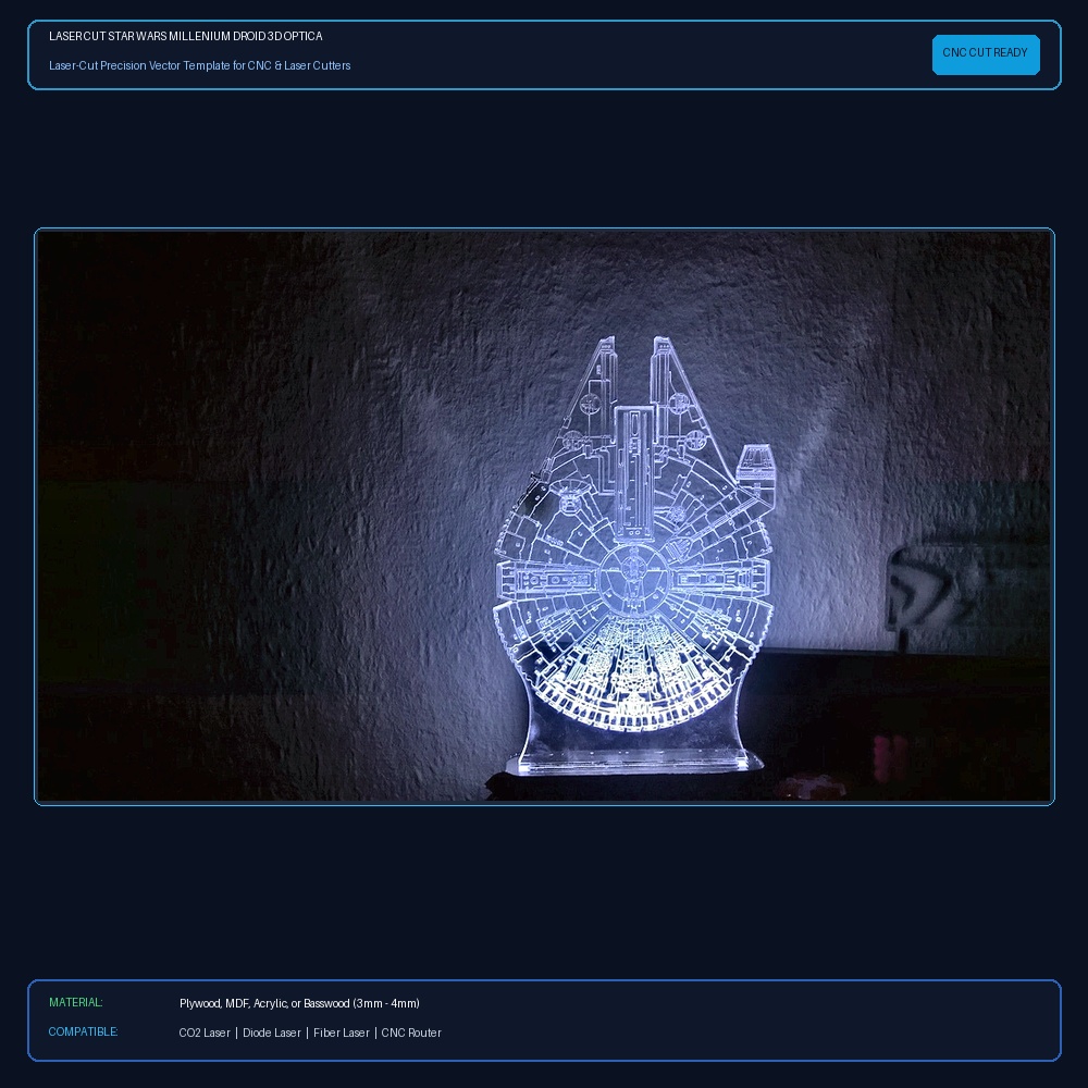 Laser Cut Star Wars Millenium Droid 3D Optical Illusion Lamp Illustration (.ai) vector file free download - 3axis.co View 2