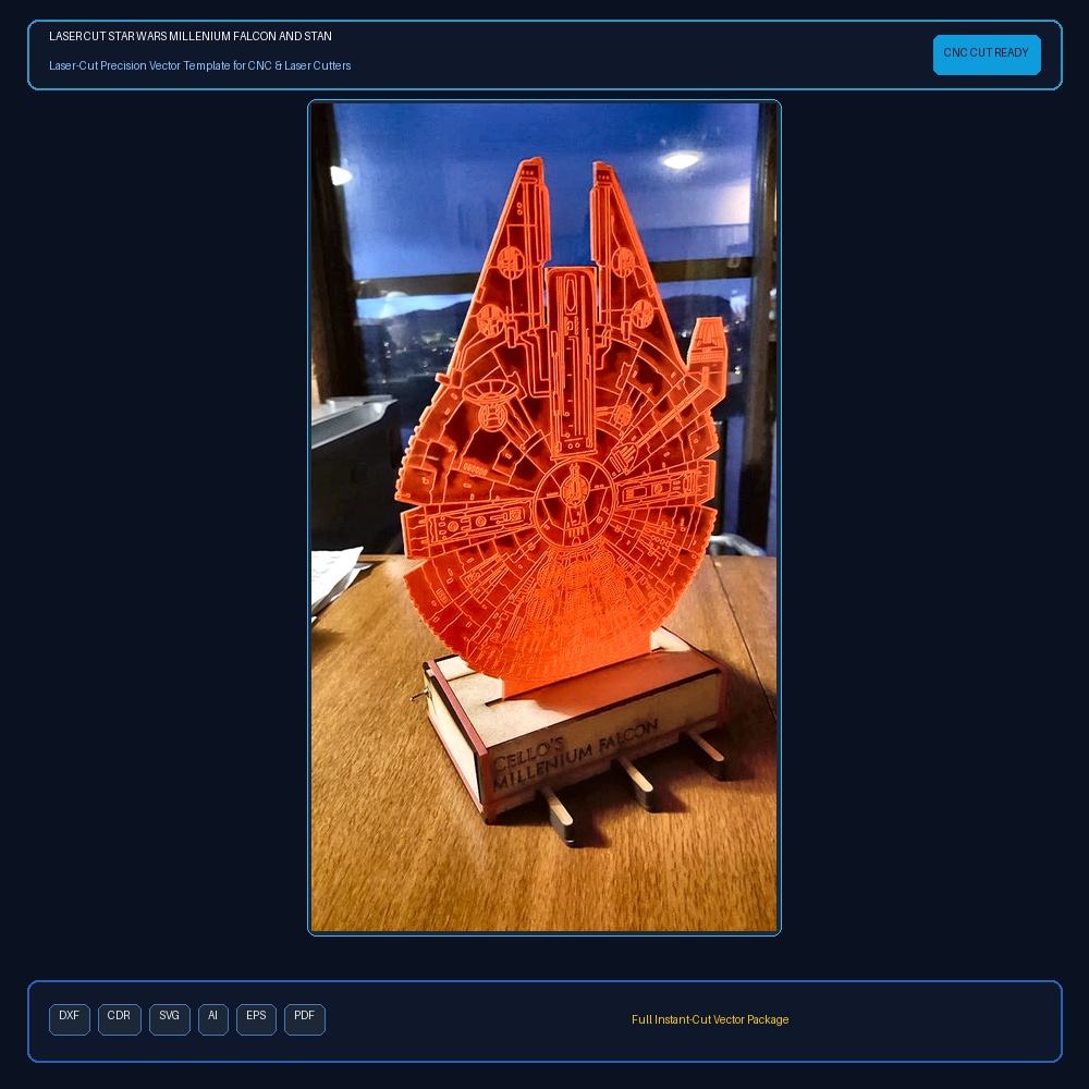 Laser Cut Star Wars Millenium Falcon And Stand 3D Optical Illusion Lamp DXF File Free Download - 3axis.co