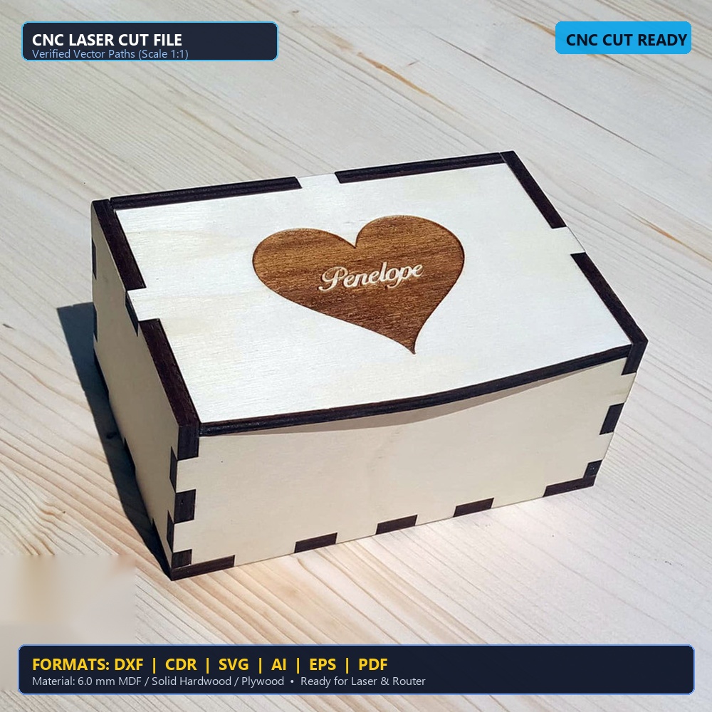 Laser Cut Heavy-Duty Wooden Keepsake Box 6mm - DXF, CDR, SVG