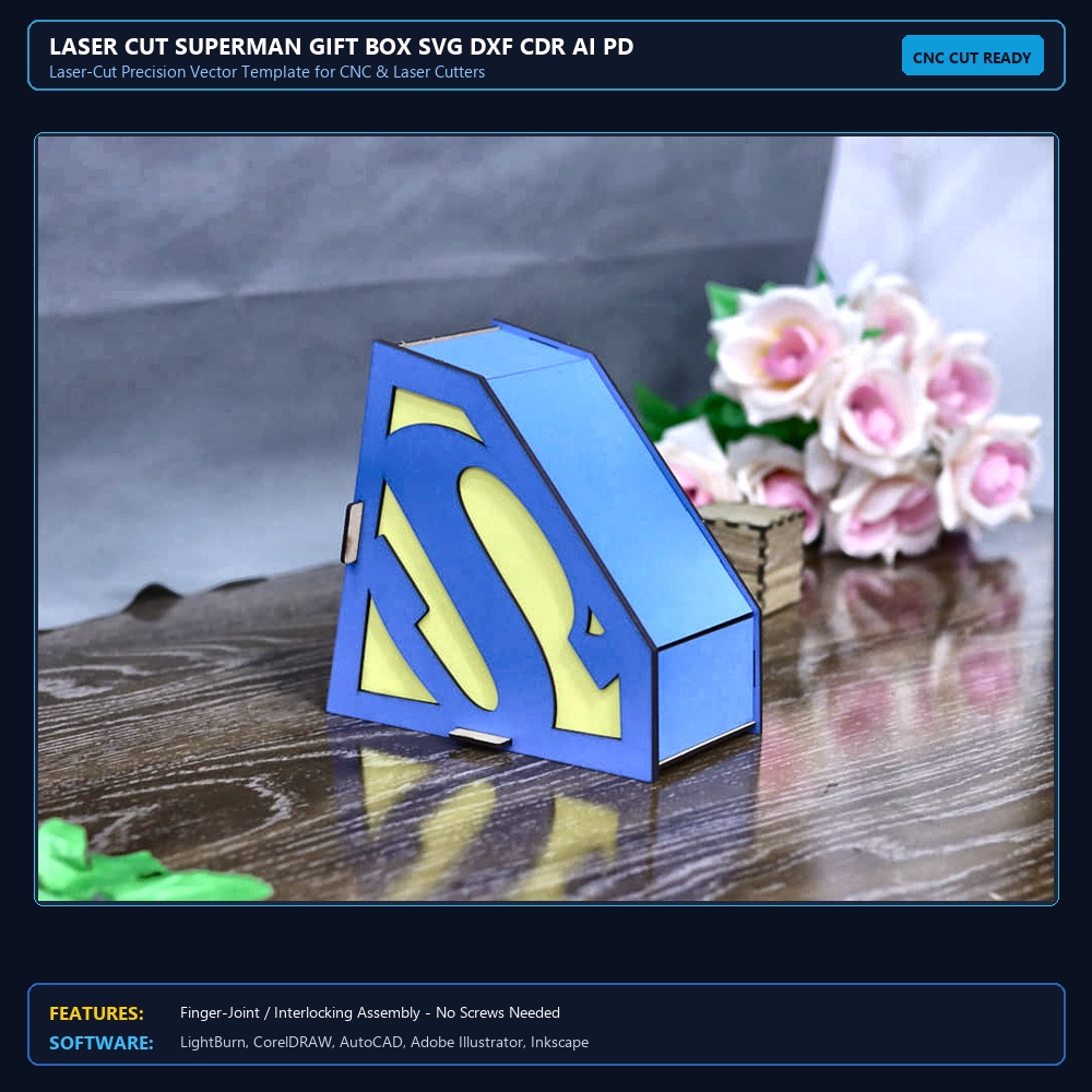 Laser Cut Superman Gift Box SVG DXF CDR AI PDF Free Download - 3axis.co View 4