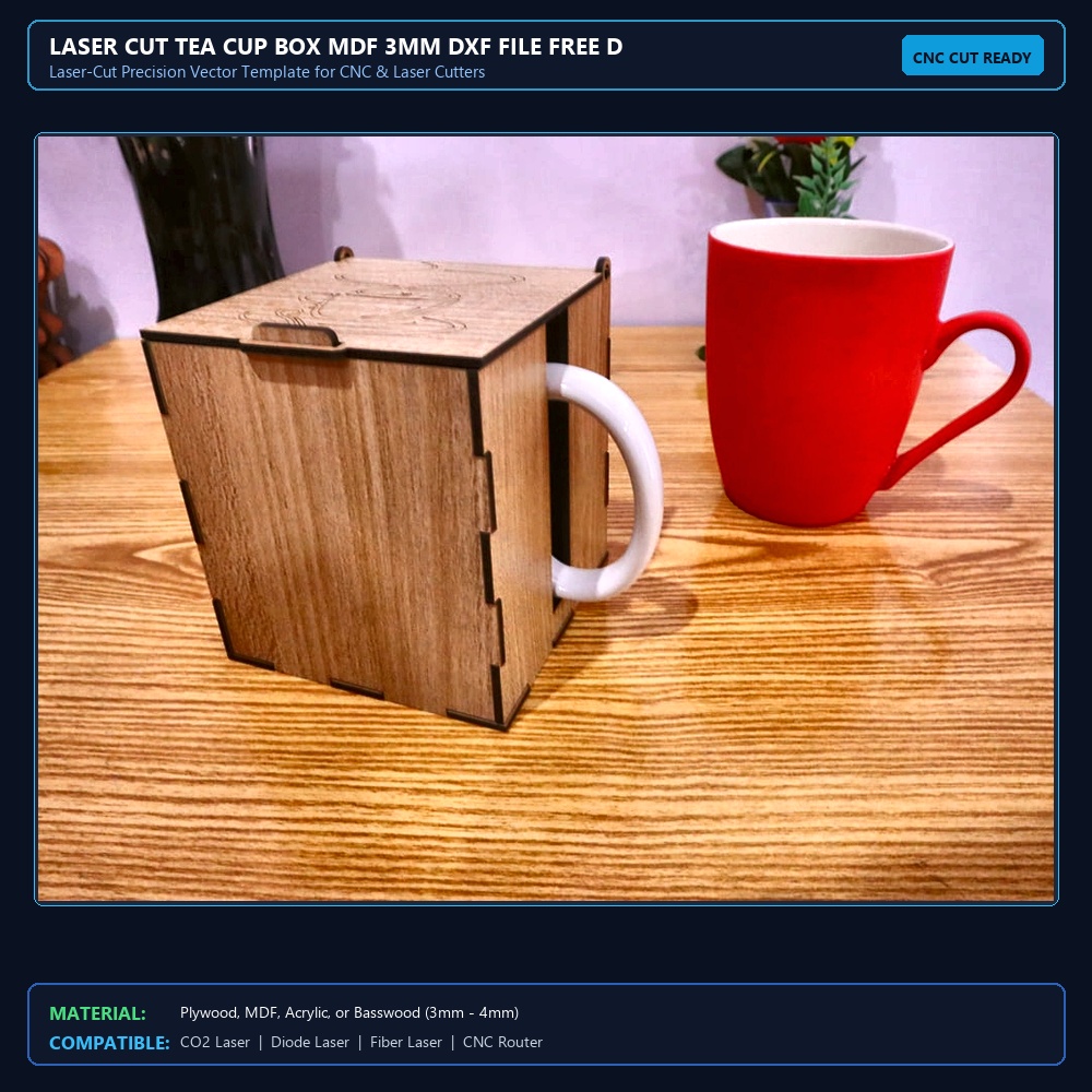 Laser Cut Tea Cup Box MDF 3mm DXF File Free Download - 3axis.co View 2