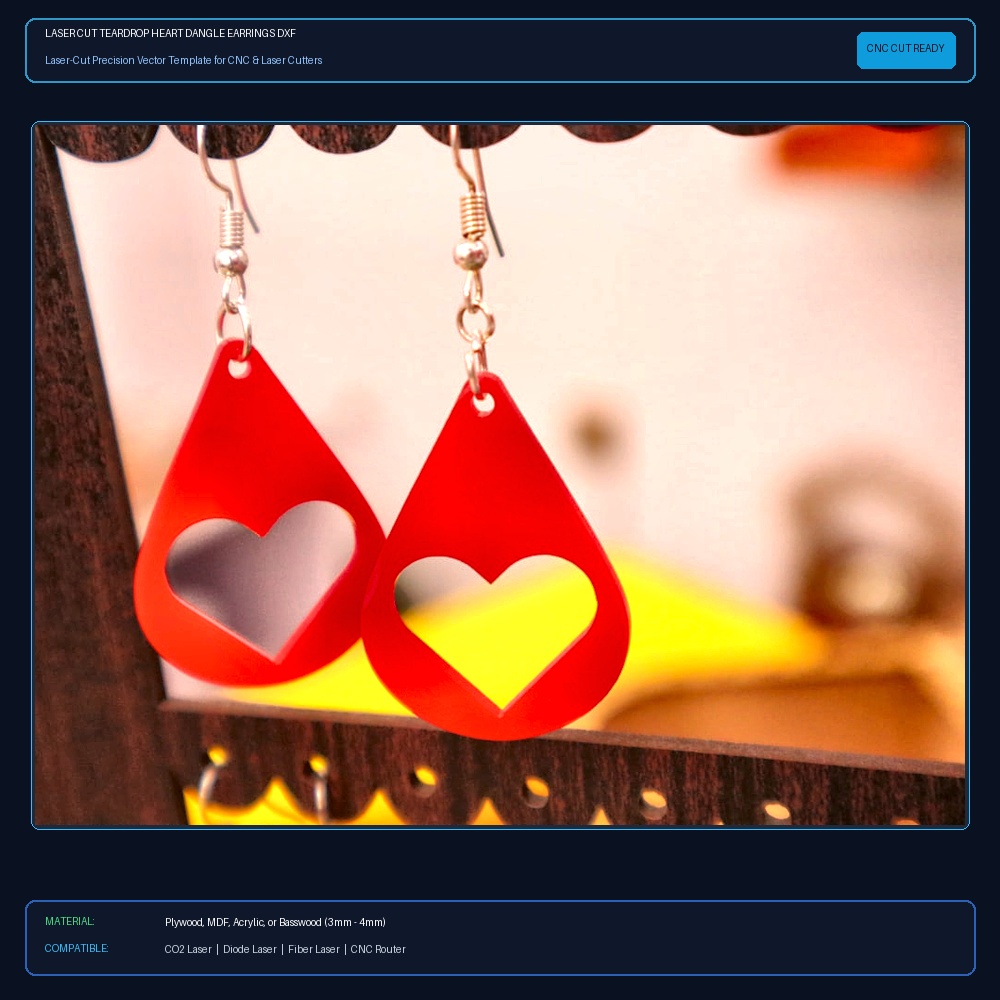 Laser Cut Teardrop Heart Dangle Earrings DXF File Free Download - 3axis.co View 2
