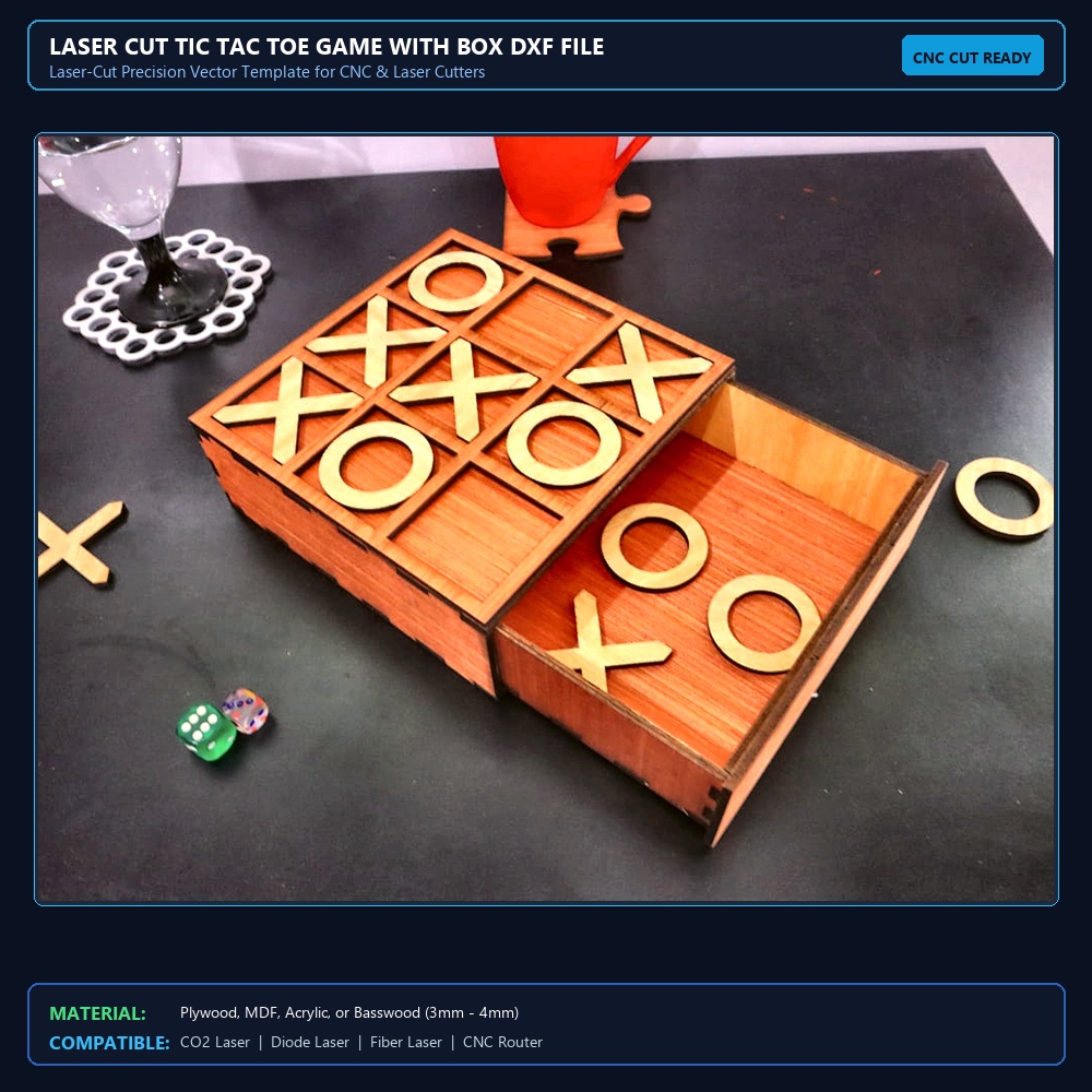 Laser Cut Tic Tac Toe Game With Box DXF File Free Download - 3axis.co View 2