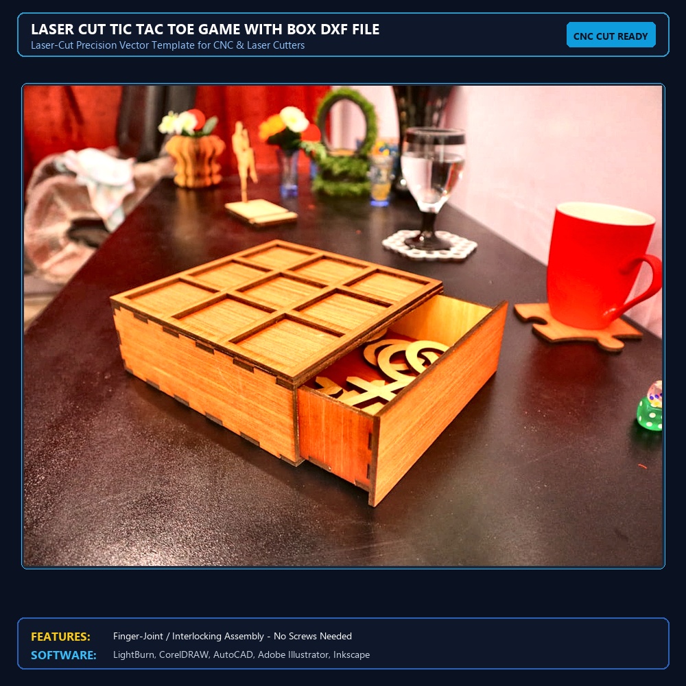 Laser Cut Tic Tac Toe Game With Box DXF File Free Download - 3axis.co View 3