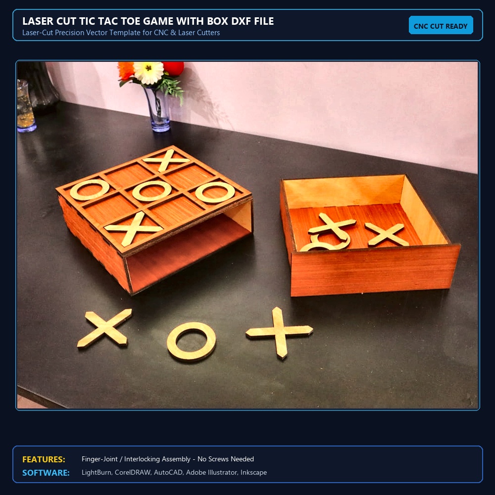 Laser Cut Tic Tac Toe Game With Box DXF File Free Download - 3axis.co View 4