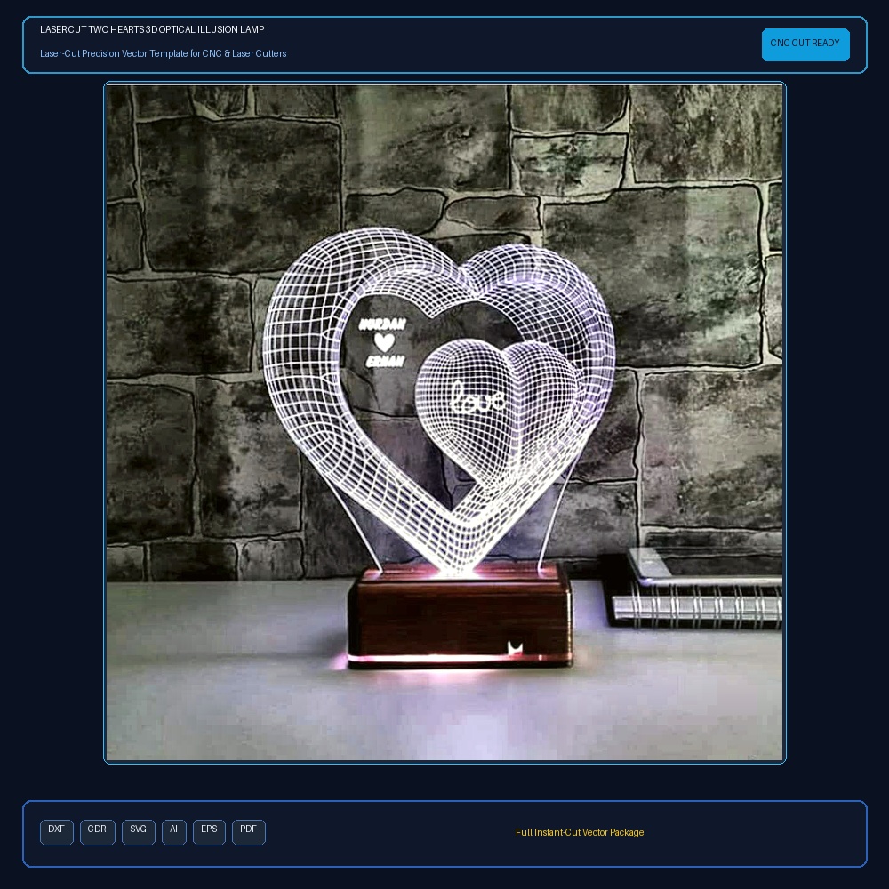 Laser Cut Two Hearts 3d Optical Illusion Lamp Led Night Light Illustration (.ai) vector file free download - 3axis.co