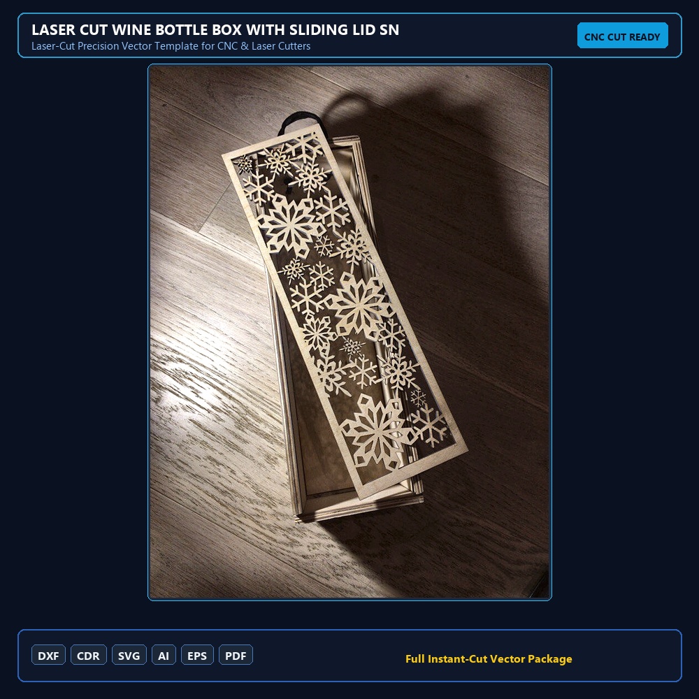Laser Cut Wine Bottle Box With Sliding Lid Snowflake Design