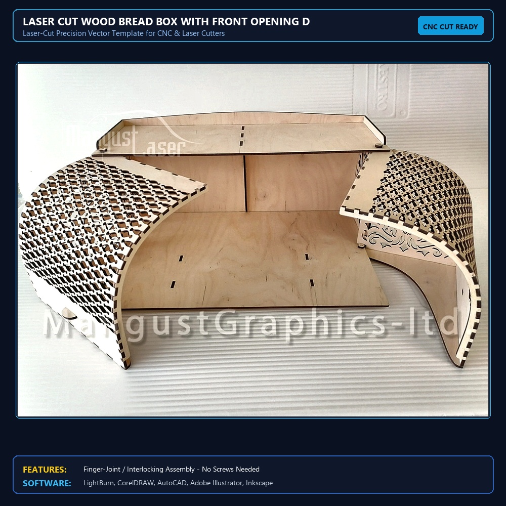 Laser Cut Wood Bread Box With Front Opening Doors View 3