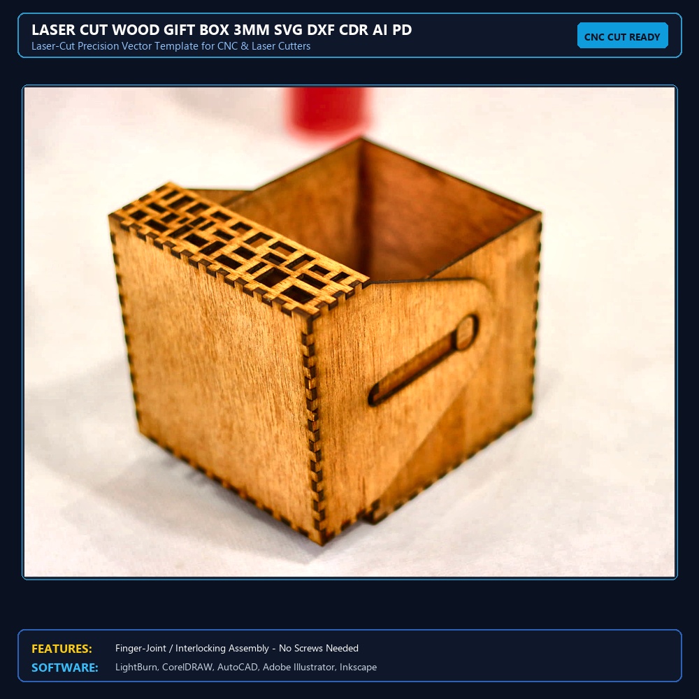 Laser Cut Wood Gift Box 3mm SVG DXF CDR AI PDF Free Download - 3axis.co View 4