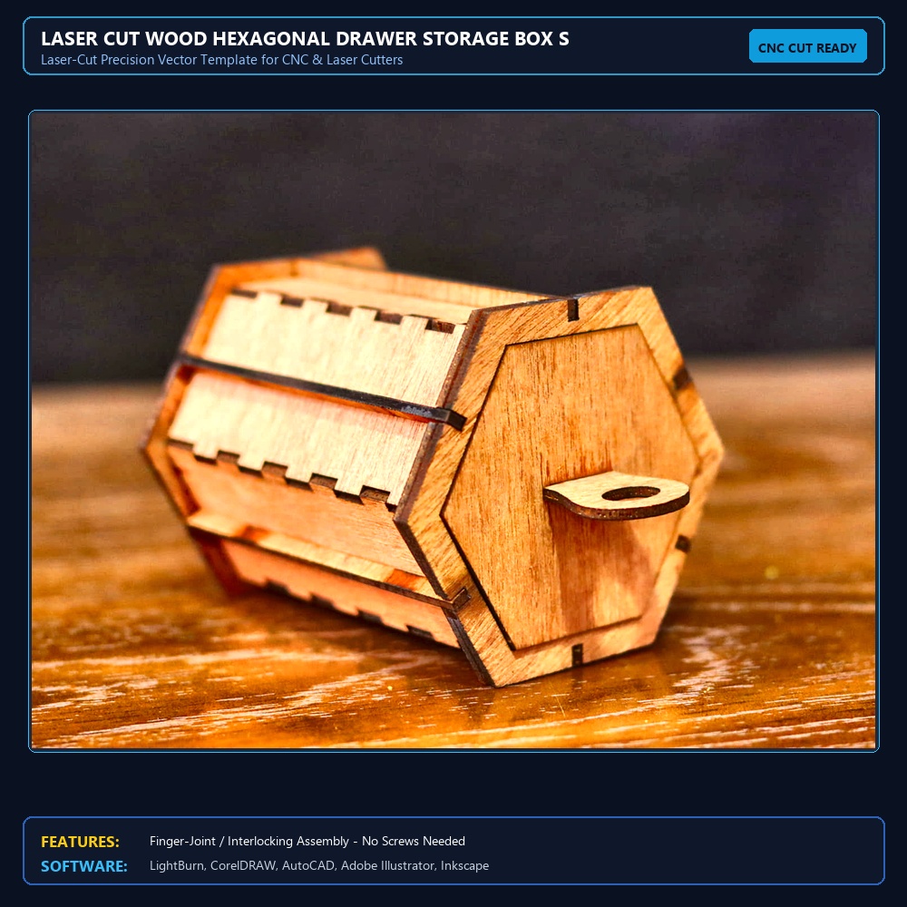 Laser Cut Wood Hexagonal Drawer Storage Box SVG DXF CDR AI PDF Free Download - 3axis.co View 4