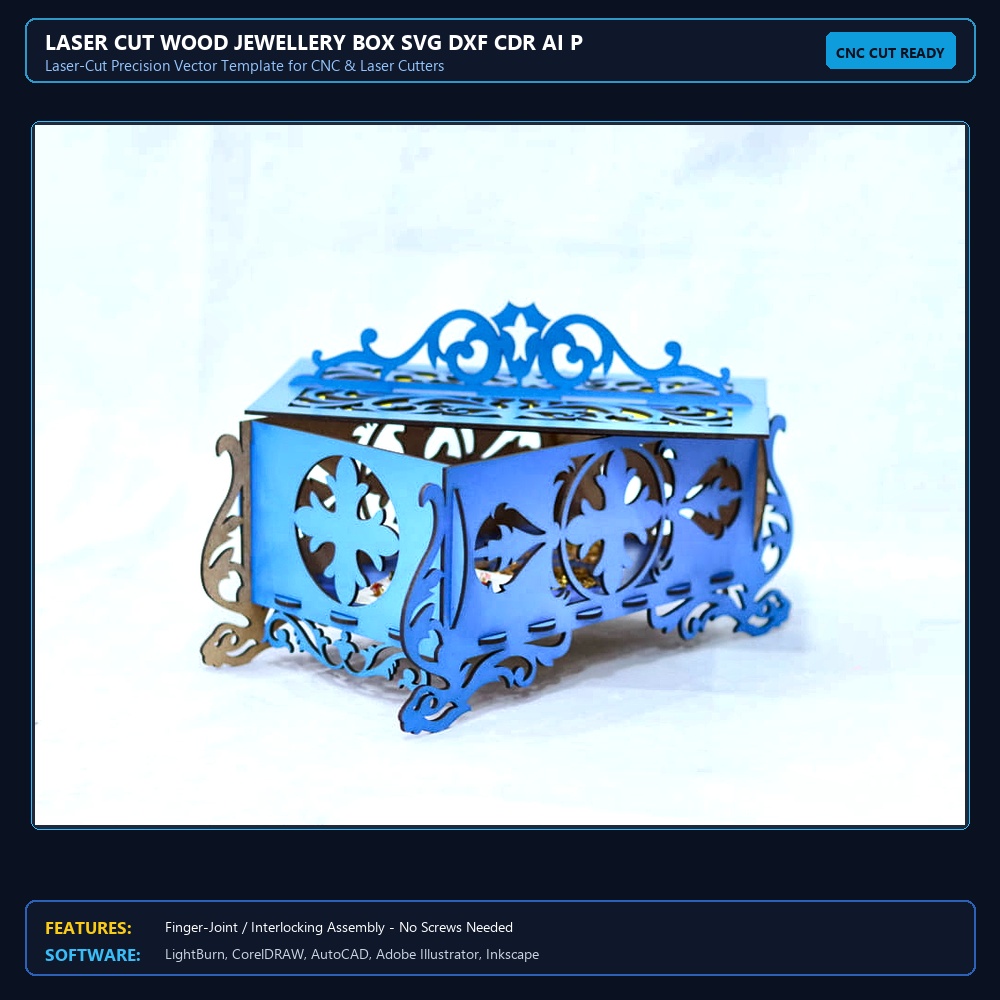 Laser Cut Wood Jewellery Box SVG DXF CDR AI PDF Free Download - 3axis.co View 4