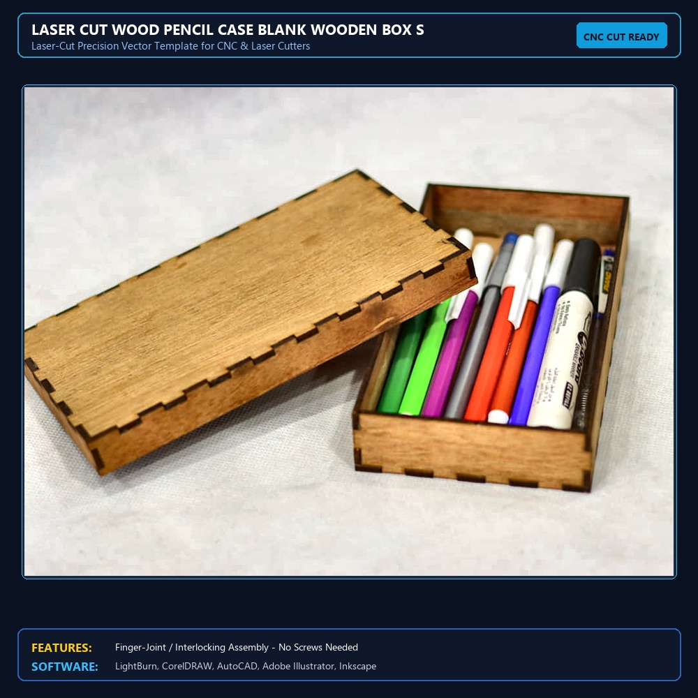 Laser Cut Wood Pencil Case Blank Wooden Box SVG DXF CDR AI PDF Free Download - 3axis.co View 4