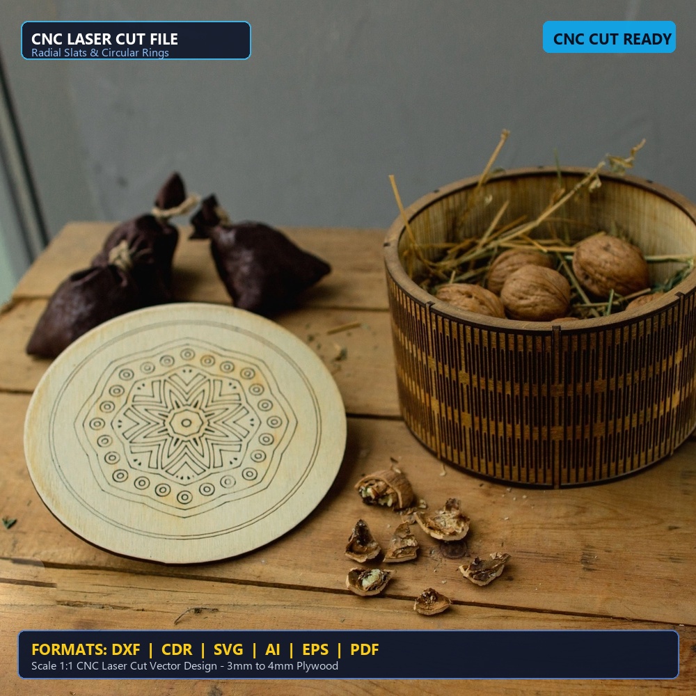 Laser Cut Wood Round Gift Box With Sunburst Lid