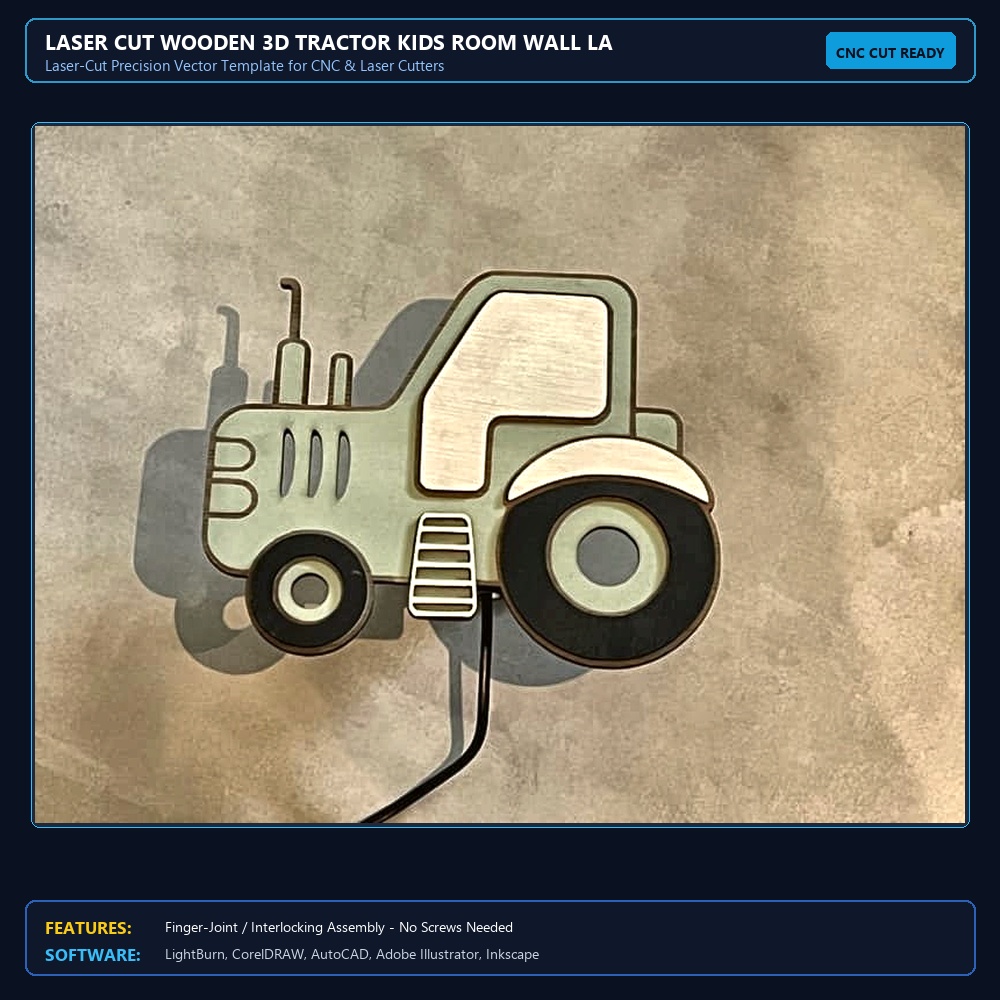 Laser Cut Wooden 3D Tractor Kids Room Wall Lamp View 3