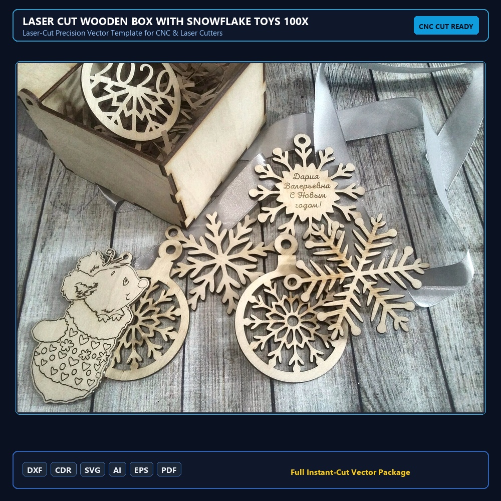 Laser Cut Wooden Box With Snowflake Toys 100x100x75mm
