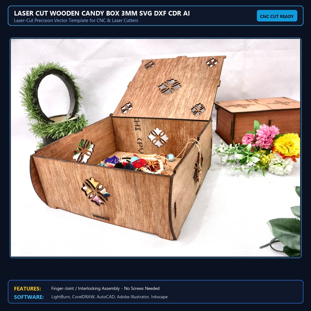 Laser Cut Wooden Candy Box 3mm SVG DXF CDR AI PDF Free Download - 3axis.co View 4
