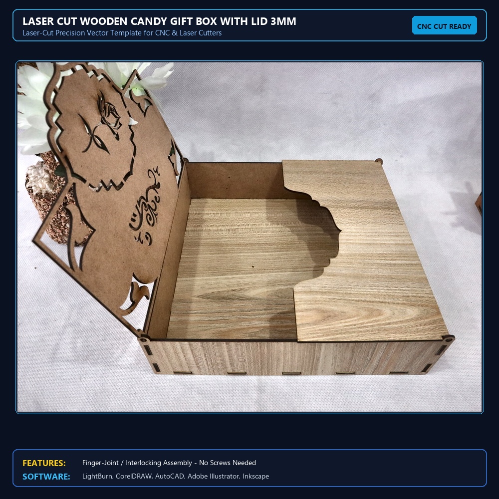Laser Cut Wooden Candy Gift Box With Lid 3mm SVG DXF CDR AI PDF Free Download - 3axis.co View 4