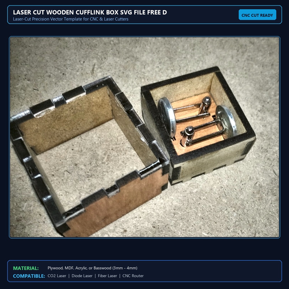 Laser Cut Wooden Cufflink Box SVG File Free Download - 3axis.co View 2