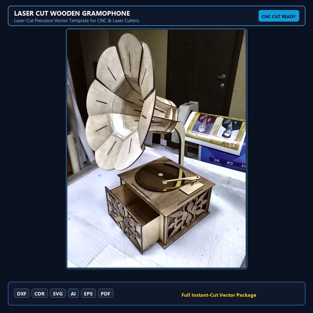 Laser Cut Wooden Gramophone